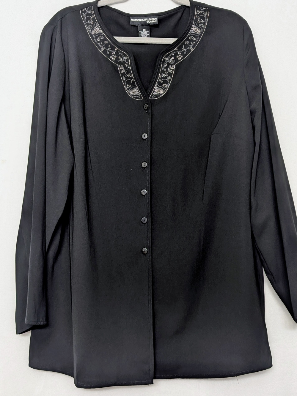 Norton McNaughton Black Button-Front Embroidered Neck Blouse